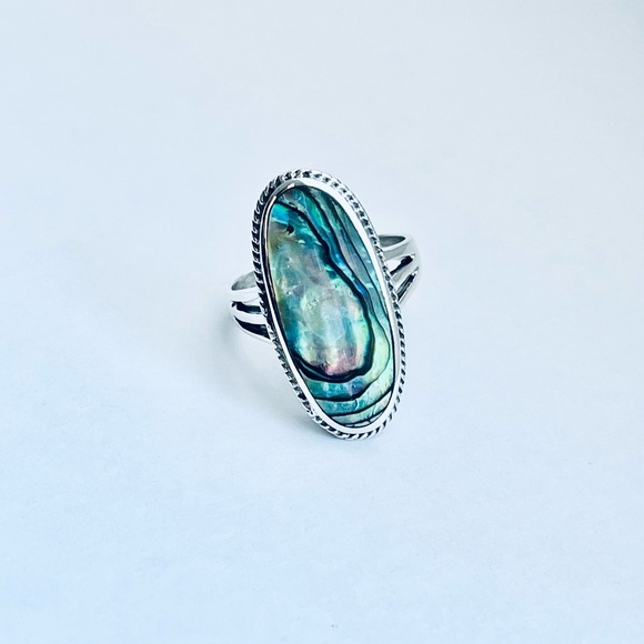 Sterling Silver Statement Abalone Ring, Silver Ring, Seashell Stone, Ocean Shell - Picture 8 of 12